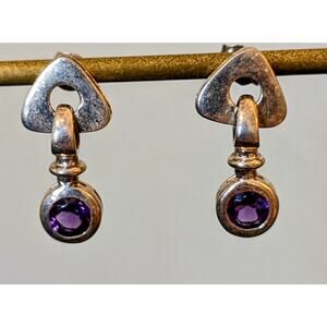 Marked 925 Sterling Bezel Set Genuine Amethyst Gemstone Dangle Post Earrings